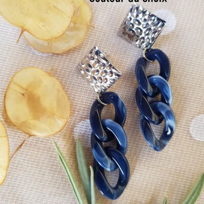Boucles d'oreilles inox personnalisables - Puce argentée et chaîne maillons bleu foncé