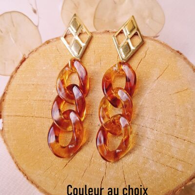 Boucles d'oreilles inox personnalisables - Puce dorée et chaîne maillons caramel