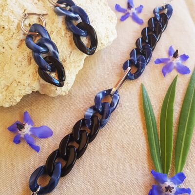 Parure [Bracelet et boucles d'oreilles] inox - chaîne maillons bleus, noirs et argentés