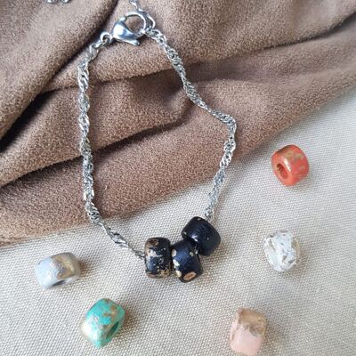 Bracelet inox - chaîne argenté et assortiment de perles colorés en céramique