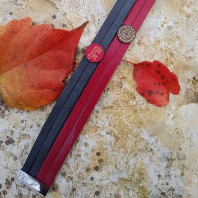 Bracelet inox argenté - Cuir rouge et gris avec cabochon bois panthère et rosace