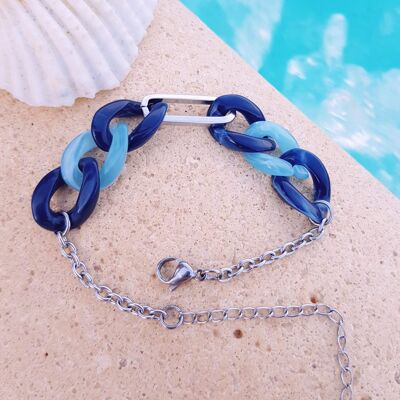 Bracelet inox - chaîne maillons camaïeu de bleu et ancre marine