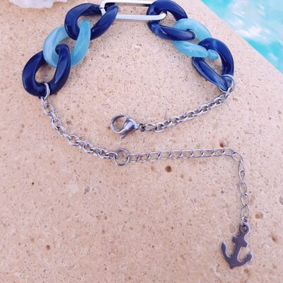 Bracelet inox - chaîne maillons camaïeu de bleu et ancre marine