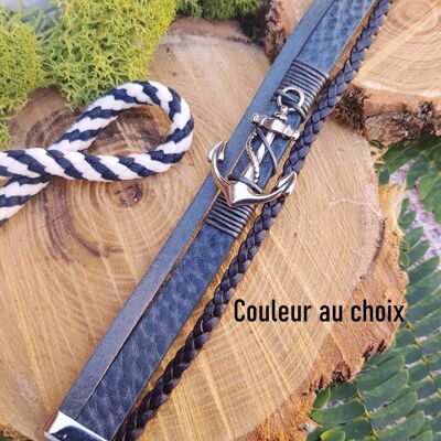 Bracelet inox personnalisable - Cuir 3 rangs et ancre marine argentée