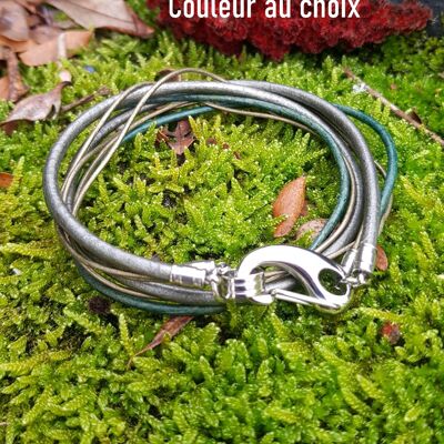 Bracelet inox personnalisable double tour - Cuir multi-lacets et fermoir mousqueton argenté