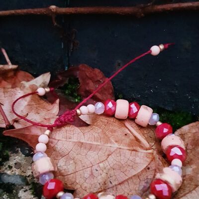 Bracelet réglable - perles en céramique et en verre, rouge et rose