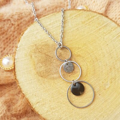 Collier inox - Cascade anneaux argentés et noirs