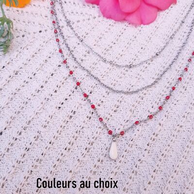 Collier inox personnalisable - multi-rangs et sequin goutte colorée