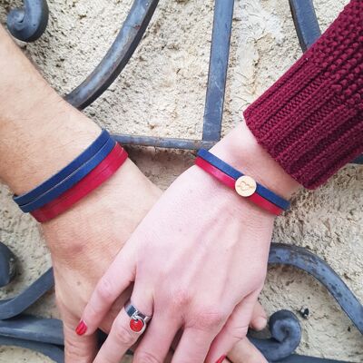 Duo Bracelets Toi et Moi inox argenté : Cuir bleu nuit et rouge avec cœur sur bois