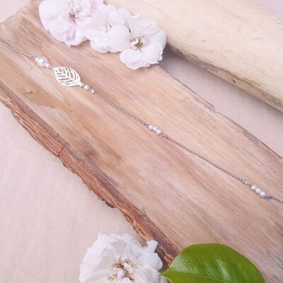 Headband inox - Feuille argentée et perles d'imitation blanches