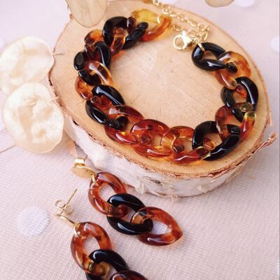 Parure [Boucles d'oreilles et bracelet] inox - Doré et chaîne maillons bicolore caramel et noir