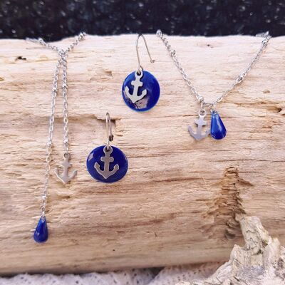 Parure [Boucles d'oreilles, collier et bracelet] inox - ancre marine et sequin bleu