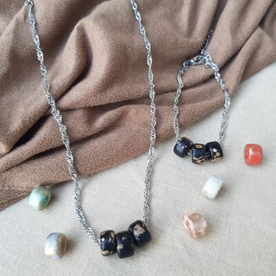 Parure [Bracelet et collier] inox - chaîne argenté et assortiment de perles colorés en céramique