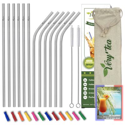 Box Of 12 Stainless Steel Straws With Silicone Tips + Cocktail Recipes Ebook