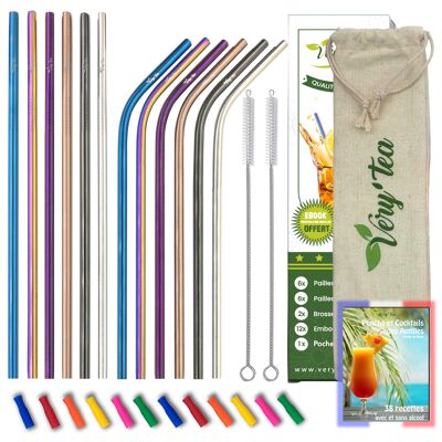Coffret De 12 Pailles Multicolores En Inox Avec Embouts Silicone + Ebook Recettes De Cocktails