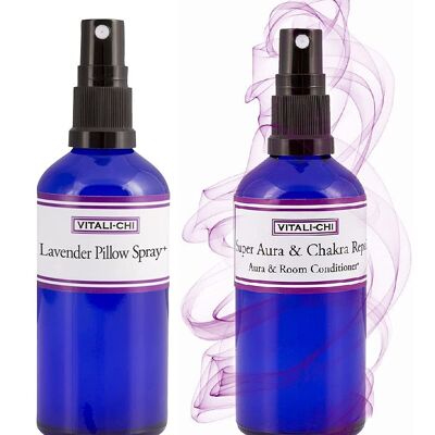 Vitali-Chi Lavender Pillow and Super Chakra Repair Aura, Linen & Room Spray Bundle - with Lavender and Chamomile, Bergamot, Bitter Orange & Patchouli Pure Essential Oils - 50ml