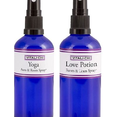 Vitali-Chi Love Potion and Yoga Aura, Linen & Room Spray Bundle - with Rose Geranium and Ylang Ylang, Lavender and Elemi Pure Essential Oils - 50ml