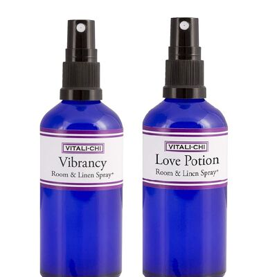 Vitali-Chi Love Potion and Vibrancy Aura, Linen & Room Spray Bundle - with Rose Geranium and Ylang Ylang, Lemongrass & Lemon Pure Essential Oils - 50ml