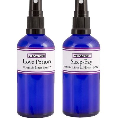 Need Love? Sleep Struggles? Solve & Save with Vitali-Chi Love Potion and Sleep-Ezy Aura, Linen & Room Spray Bundle with Rose Geranium and Ylang Ylang, Lavender and Chamomile Pure Essential Oils 100ml