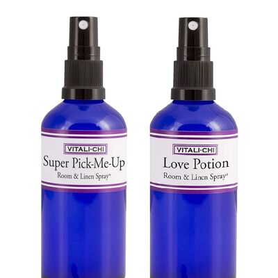 Vitali-Chi Love Potion and Super Pick-Me-Up Aura, Linen & Room Spray Bundle - with Rose Geranium and Ylang Ylang, Tangerine, Sweet Orange and Petitgrain Pure Essential Oils - 50ml