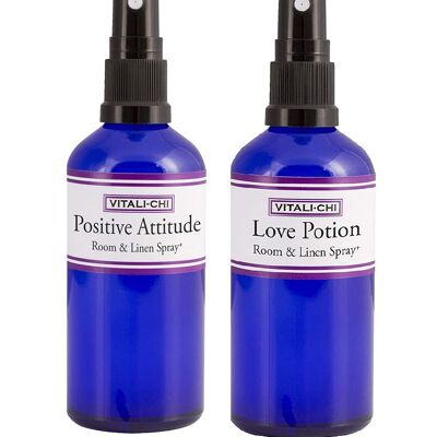 Struggling to Stay Positive? Love Issues? Solve & Save with Vitali-Chi Love Potion & Positive Attitude Aura, Linen & Room Spray Bundle with Ylang Ylang, Bergamot & Tangerine Pure Essential Oils 100ml