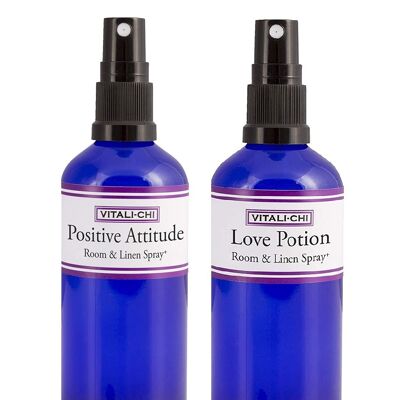 Vitali-Chi Love Potion and Positive Attitude Aura, Linen & Room Spray Bundle - with Rose Geranium and Ylang Ylang, Bergamot and Tangerine Pure Essential Oils - 50ml