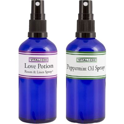 Vitali-Chi Love Potion and Peppermint Aura, Linen & Room Spray Bundle - with Rose Geranium and Ylang Ylang, Spearmint & Peppermint Pure Essential Oils - 50ml