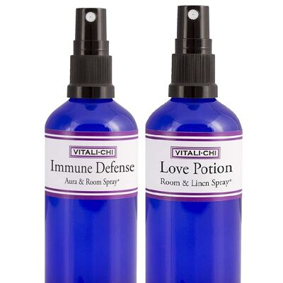 Love or Immunity Issues? Help Yourself with Vitali-Chi Love Potion & Immune Defense Aura, Linen & Room Spray Bundle, Rose Geranium & Ylang Ylang, Teatree Lemon, Lemongrass Pure Essential Oils 100m