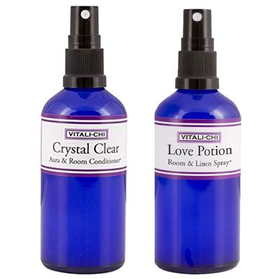 Need Clarity and Love? Solve and Save with Vitali-Chi Crystal Clear and Love Potion Aura, Room & Linen Spray Bundle - with TeaTree Lemon, Rose Geranium and Ylang Ylang Pure Essential Oils - 100ml