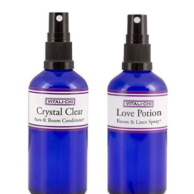 Vitali-Chi Crystal Clear and Love Potion Aura, Room & Linen Spray Bundle - with TeaTree Lemon, Rose Geranium and Ylang Ylang Pure Essential Oils - 50ml
