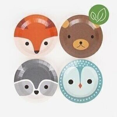 8 Assiettes en carton : mini animaux de la forêt