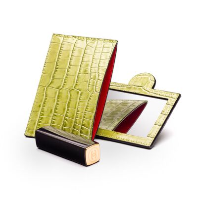 Compact Leather Mirror - Lime Croc - Lime croc - Helvetica/gold