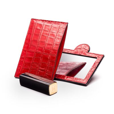 Compact Leather Mirror - Red Croc - Red croc - Helvetica/silver