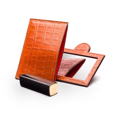Compact Leather Mirror - Orange Croc - Orange croc - Helvetica/silver