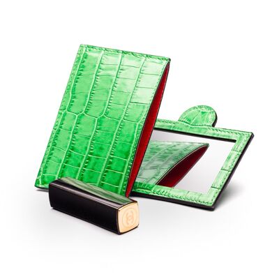 Compact Leather Mirror - Emerald Croc - Emerald croc - Helvetica/silver