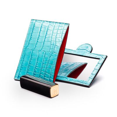 Compact Leather Mirror - Turquoise Croc - Turquoise croc - Helvetica/silver