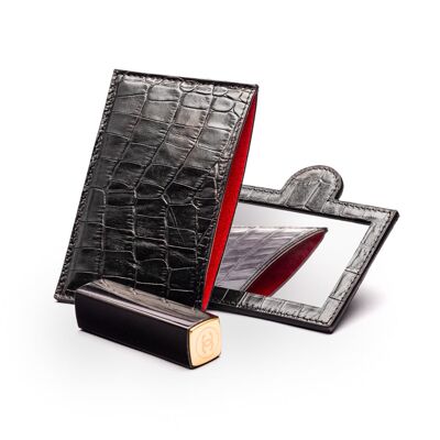 Compact Leather Mirror - Black Croc - Black croc - Helvetica/gold