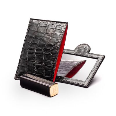 Compact Leather Mirror - Black Croc - Black croc - Helvetica/ blind