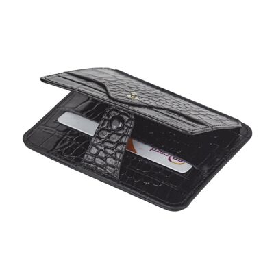 Flat Compact Credit Card Wallet With 2 ID Windows, 6CC - Black Croc - Black croc - Helvetica/silver