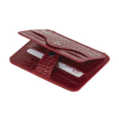 Flat Compact Credit Card Wallet With 2 ID Windows, 6CC - Red Croc - Red croc - Helvetica/silver