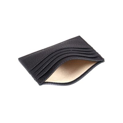 Flat Leather 8 Credit Card Wallet - Black Full Grain - Black full grain - Helvetica/gold