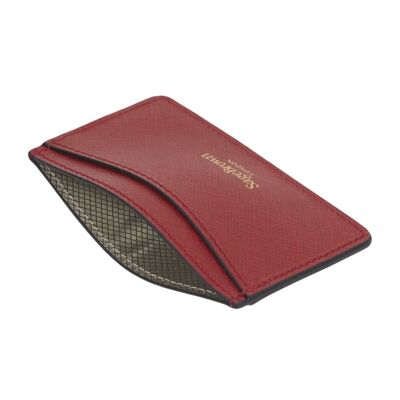 Flat Leather Card Case, RFID Blocking - Red Saffiano - Red - Helvetica/gold