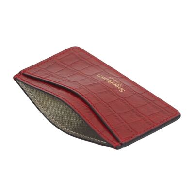 Flat Leather Credit Card Case, RFID Blocking - Red Croc - Red croc - Helvetica/gold