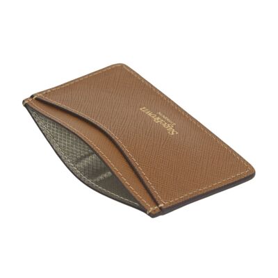 Flat Leather Credit Card Case, RFID Blocking - Tan Saffiano - Tan saffiano - Helvetica/silver