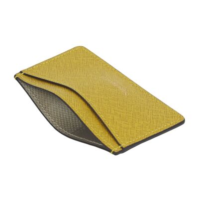 Flat Leather Credit Card Case, RFID Blocking - Yellow Saffiano - Yellow - Helvetica/silver