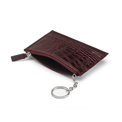 Flat Leather Credit Card Jotter With Zip - Burgundy Croc - Burgundy croc - Helvetica/silver