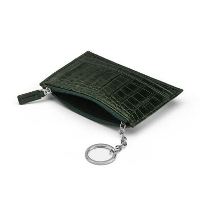 Flat Leather Credit Card Jotter With Zip - Green Croc - Green croc - Helvetica/silver