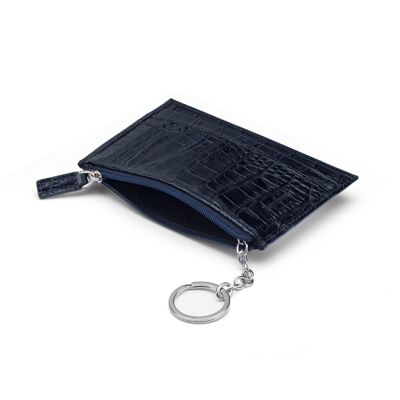 Flat Leather Credit Card Jotter With Zip - Navy Croc - Navy croc - Helvetica/gold