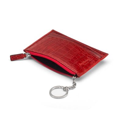 Flat Leather Credit Card Jotter With Zip - Red Croc - Red croc - Helvetica/silver