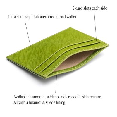 Flat Leather Credit Card Wallet 4 CC - Lime Green Saffiano - Lime green - Helvetica/silver